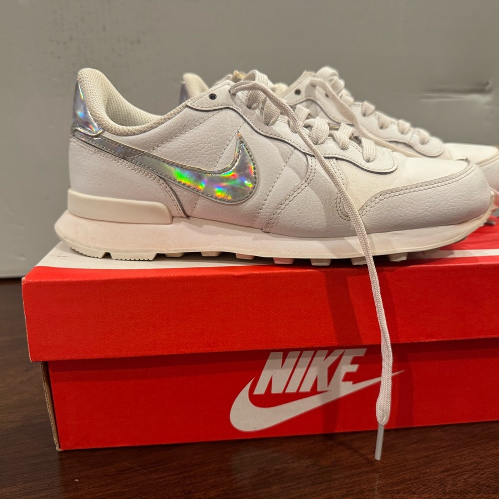 Nike White Sneakers with Iridescent Swoosh